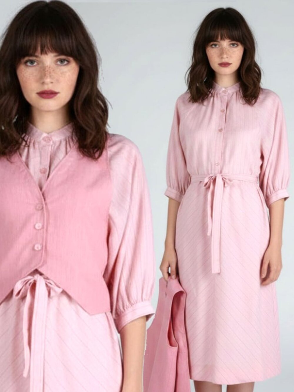L Vintage 1970s Pink Pin Chevron Stripe Dress Vest Ensemble Set 70s